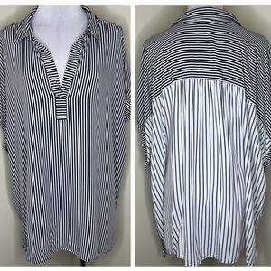 Jane and Delancey Top 3X Plus Black White Striped V-Neck Collared Casual Work